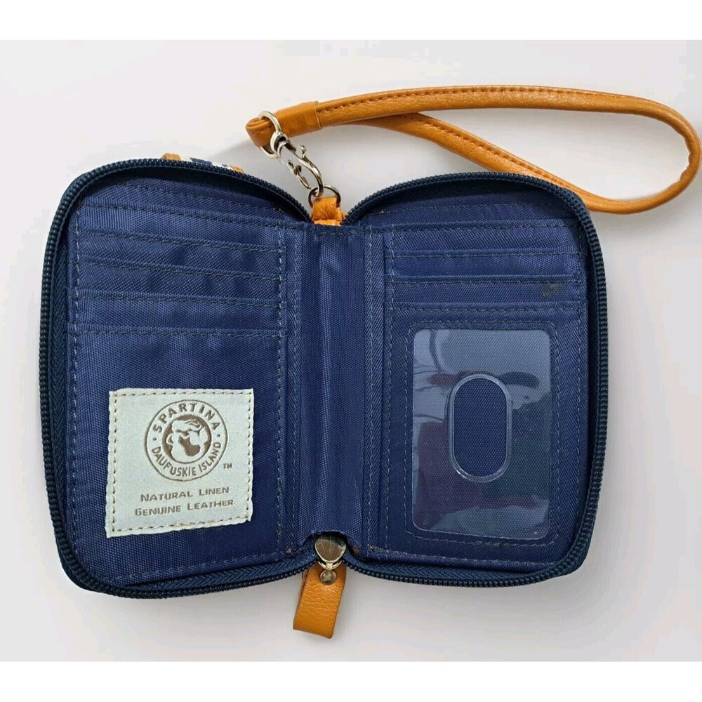 Spartina Daufuskie Blue White Genuine Leather Natural Linen Card Wallet Wristlet - Picture 4 of 5